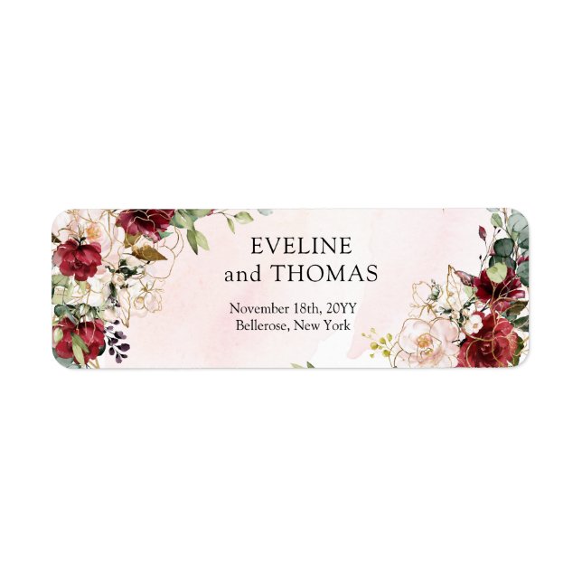 Chic djup röd merlot guld geometric bröllop returadress etikett (Framsidan)