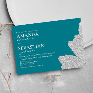 Chic Djupa cyan silver glitter-penseldrag bröllop Inbjudningar