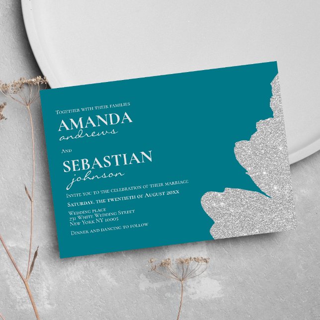 Chic Djupa cyan silver glitter-penseldrag bröllop Inbjudningar (Chic deep cyan silver glitter brushstrokes wedding)