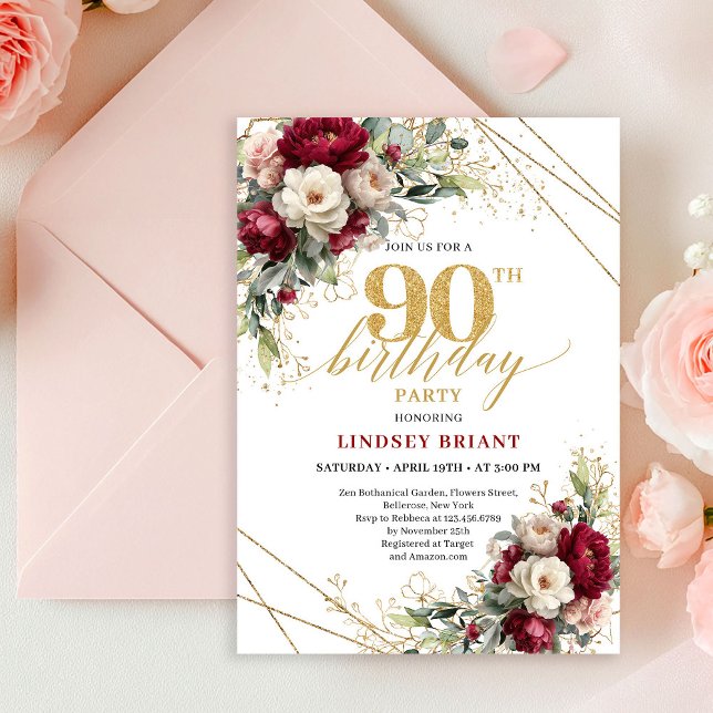 Chic djupröda guldrosor 90-års födelsedagsinbjudan inbjudningar (Chic Deep Red Gold Roses 90th Birthday Invitation Card

)