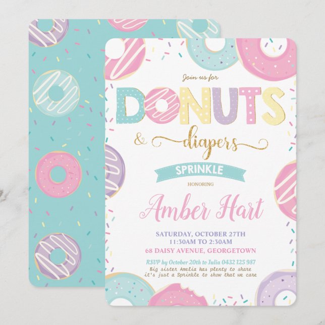 Chic Donuts and Diaper Baby Shower Guld Girl Inbjudningar (Fram/baksida)