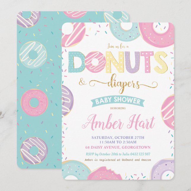 Chic Donuts and Diaper Baby Shower Guld Girl Inbjudningar (Fram/baksida)