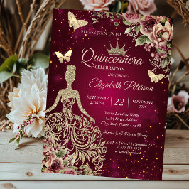 Chic Dress,Butterfly Floral Red Quinceañera Inbjudningar