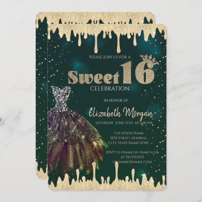 Chic Dress,Glitter Drips Grönt Sweet 16 Inbjudningar (Fram/baksida)