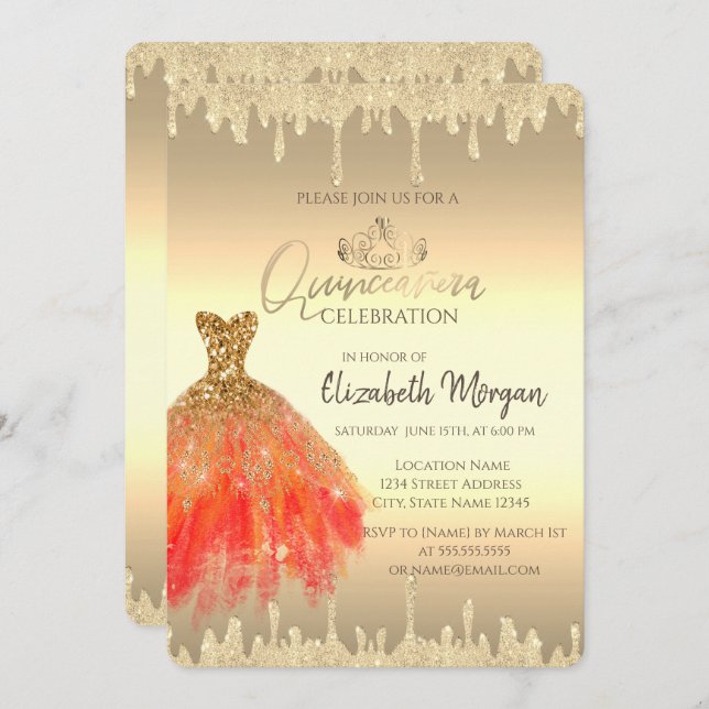Chic Dress,Glitter Drips Guld Quinceañera Inbjudningar (Fram/baksida)