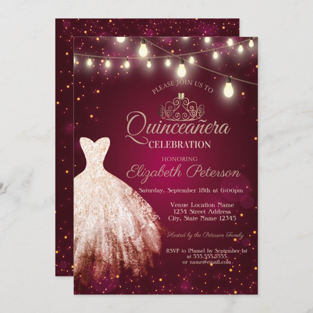 Chic Dress,Tiara Burgundy Quinceañera Inbjudningar (Fram/baksida)