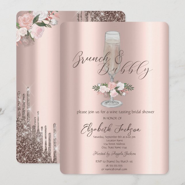Chic Drips, Glas, Rosbrunch & Bubbly Inbjudningar (Fram/baksida)