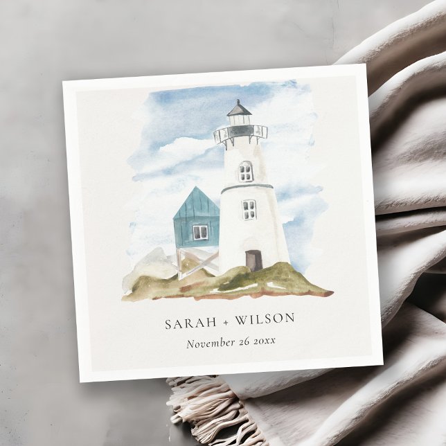 Chic Dusky Aqua Blue Lighthouse Mountain Bröllop Pappersservett (Skapare uppladdad)