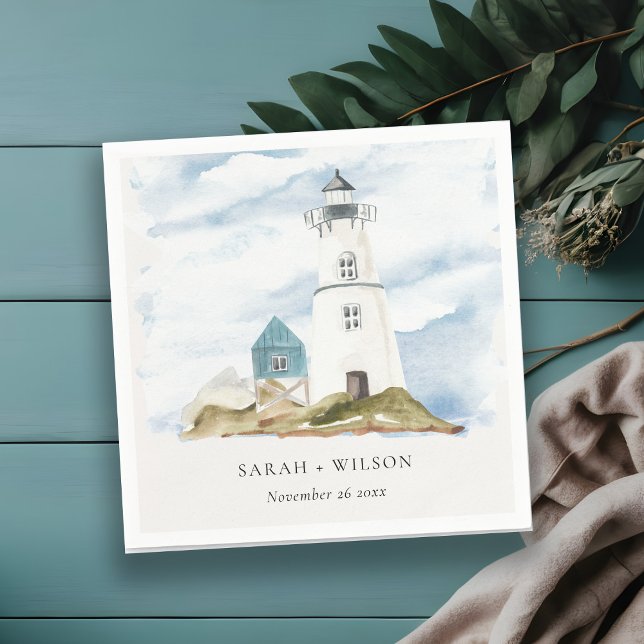 Chic Dusky Aqua Blue Lighthouse Mountain Bröllop Pappersservett (Skapare uppladdad)
