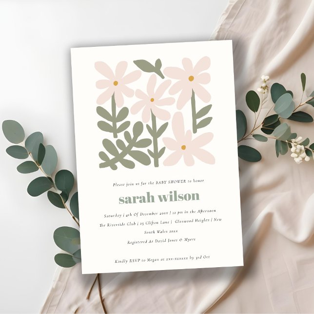 Chic Dusky  Retro Minimal Blommigt Baby Shower Inbjudningar (Skapare uppladdad)