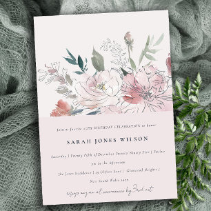 Chic Dusky Watercolor Blommigt Birthday Inbjudningar