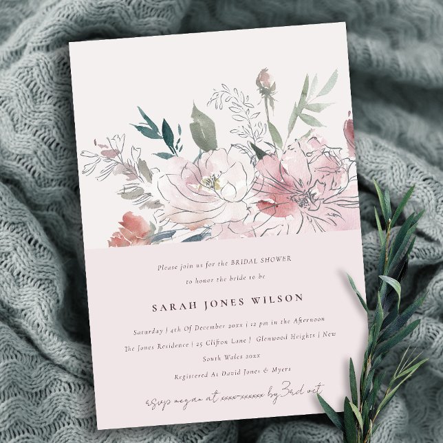 Chic Dusky  Watercolor Blommigt Möhippa Inbjudningar (Skapare uppladdad)