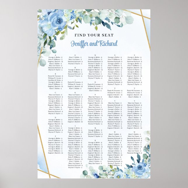Chic Dusty blåa blommor guld ram Alfabetisk Poster (Framsidan)