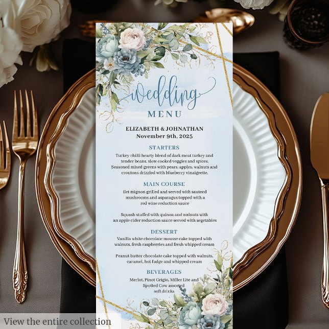 Chic Dusty Blåa blommor White Guld Bröllop Menu Meny (Chic Dusty Blue Flowers White Gold Wedding Menu

)