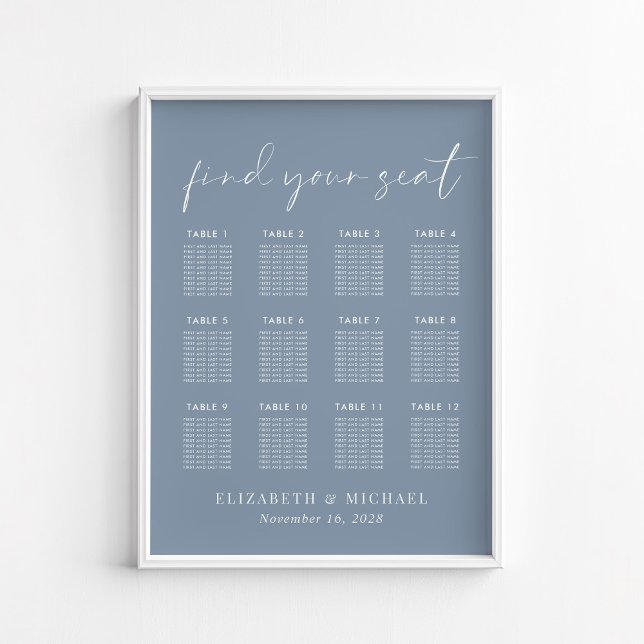 Chic Dusty Blue 12 Bords Hög Tid Seating Chart Poster (Skapare uppladdad)