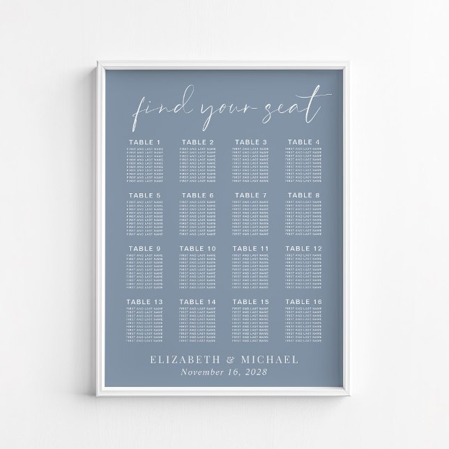 Chic Dusty Blue 16 Bord Bröllop-sittplatsdiagram Poster (Skapare uppladdad)
