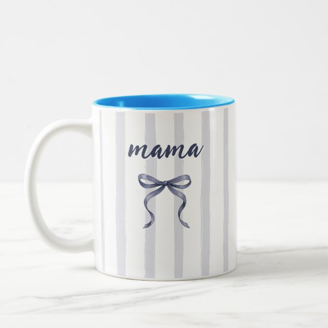 Chic Dusty Blue Akvarell Ränder och Bow Mama Två-Tonad Mugg (Vänster)