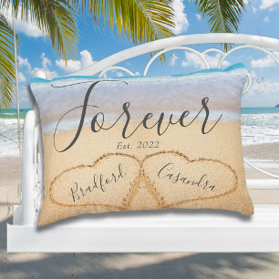 Chic Dusty Blue Beach Par Hearts Sand Prydnadskudde