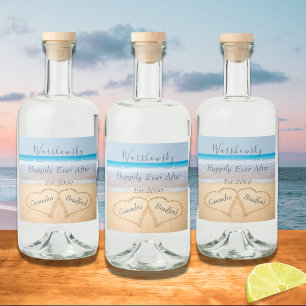 Chic Dusty Blue Beach Wedding 2 Heart Sand Spritflaskor Etikett