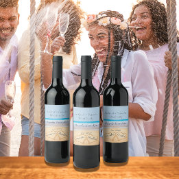 Chic Dusty Blue Beach Wedding 2 Heart Sand Vinflaska Etikett