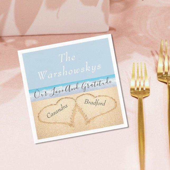 Chic Dusty Blue Beach Wedding 2 Hjärter i Sand Pappersservett (Skapare uppladdad)
