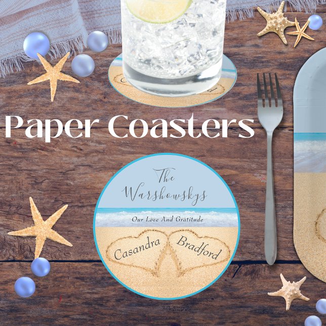 Chic Dusty Blue Beach Wedding 2 Hjärter i Sand Underlägg Papper Rund (Skapare uppladdad)