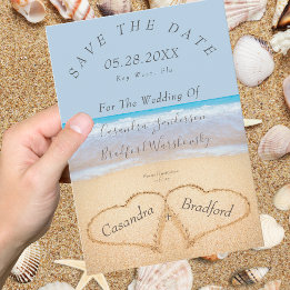 Chic Dusty Blue Beach Wedding Hearts Sand bröllop Inbjudningar
