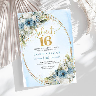 Chic Dusty Blue Blommig Eukalyptus Sweet 16 Inbjud Inbjudningar