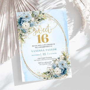 Chic Dusty Blue Blommig Guld Sweet Sixteen Inbjuda Inbjudningar