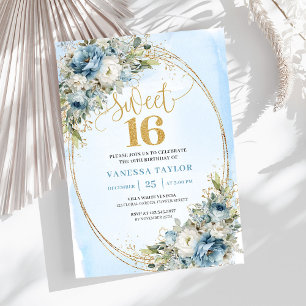 Chic Dusty Blue Blommiga Sweet 16 Födelsedagsinbju Inbjudningar