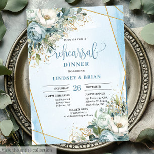 Chic Dusty Blue Blommigt Guld Glitter Inbjudan