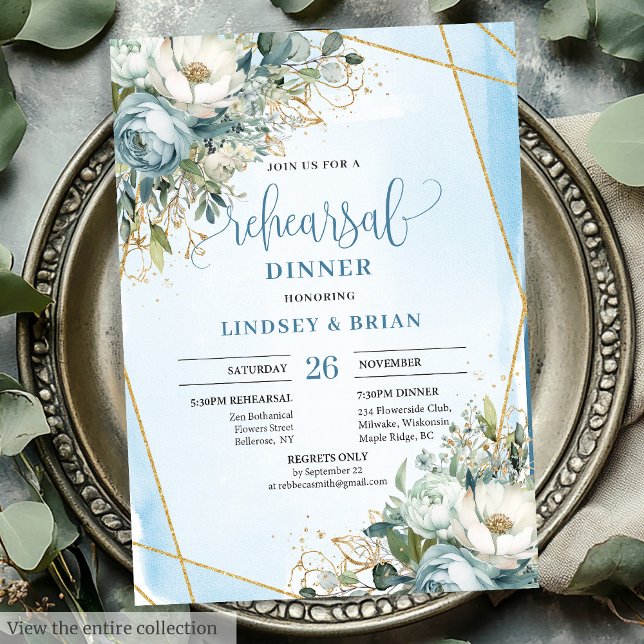 Chic Dusty Blue Blommigt Guld Glitter Inbjudan (Chic Dusty Blue Floral Gold Glitter Dinner Invitation)
