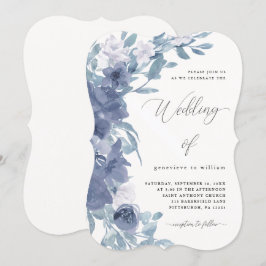 Chic Dusty Blue-Blommigt med Calligraphy Bröllop Inbjudningar