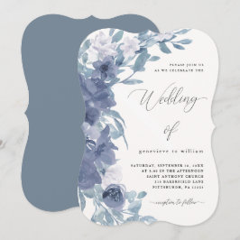 Chic Dusty Blue-Blommigt med Calligraphy Bröllop Inbjudningar