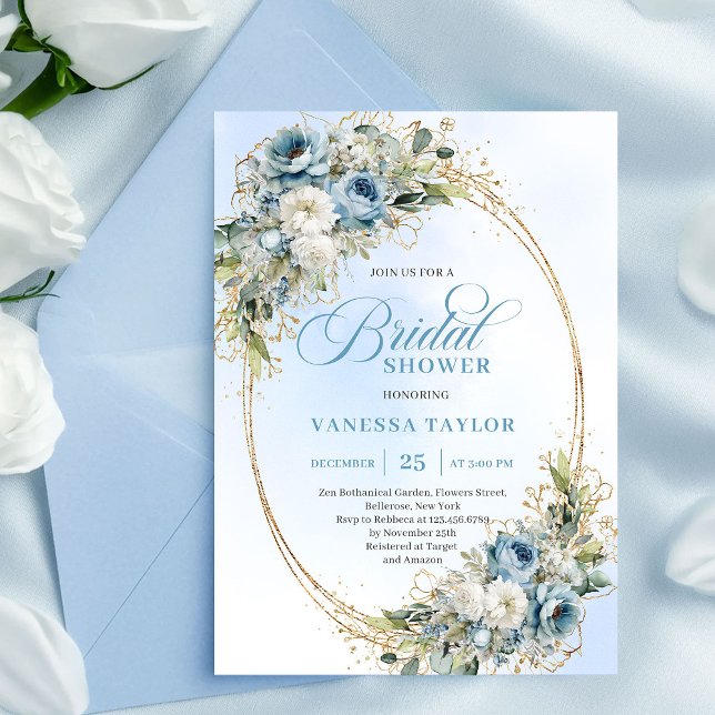 Chic Dusty Blue Blommor Guld Bröllopsfest Inbjudan (Chic Dusty Blue Flowers Gold Bridal Shower Invite)