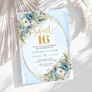 Chic Dusty Blue Blommor Sweet Sixteen Födelsedag Inbjudningar