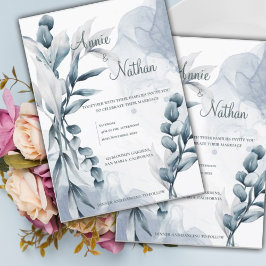 Chic Dusty Blue Eucalyptus Löv Elegant bröllop Inbjudningar