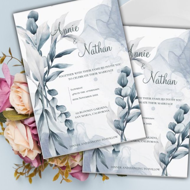Chic Dusty Blue Eucalyptus Löv Elegant bröllop Inbjudningar (Chic Dusty Blue Eucalyptus Leaves Elegant Wedding Invitation)