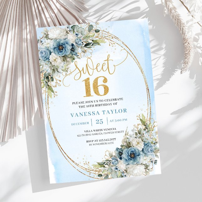 Chic Dusty Blue Floral Eucalyptus Sweet 16 Invite Inbjudningar (Chic Dusty Blue Floral Eucalyptus Sweet 16th Invite)