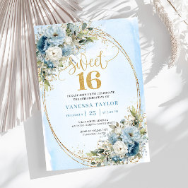 Chic Dusty Blue Floral Gold Sweet Sixteen Invite Inbjudningar