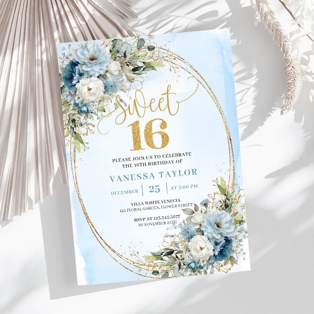 Chic Dusty Blue Floral Gold Sweet Sixteen Invite Inbjudningar (Chic Dusty Blue Floral Gold Sweet Sixteen Invitation)