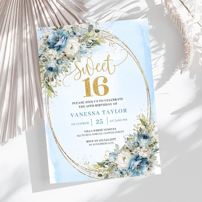 Chic Dusty Blue Floral Sweet 16th Birthday Invites Inbjudningar (Chic Dusty Blue Floral Sweet 16th Birthday Invitation)