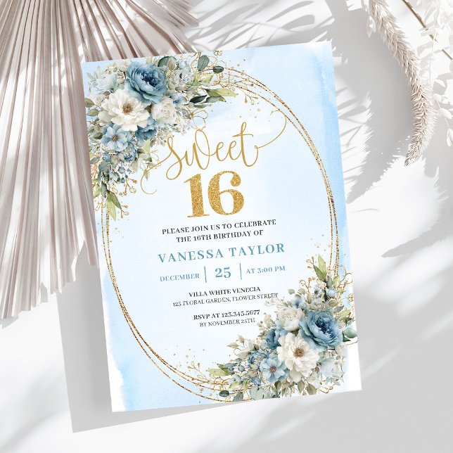 Chic Dusty Blue Flowers Sweet Sixteen Birthday  Inbjudningar (Chic Dusty Blue Flowers Sweet Sixteen Birthday Invitation

)