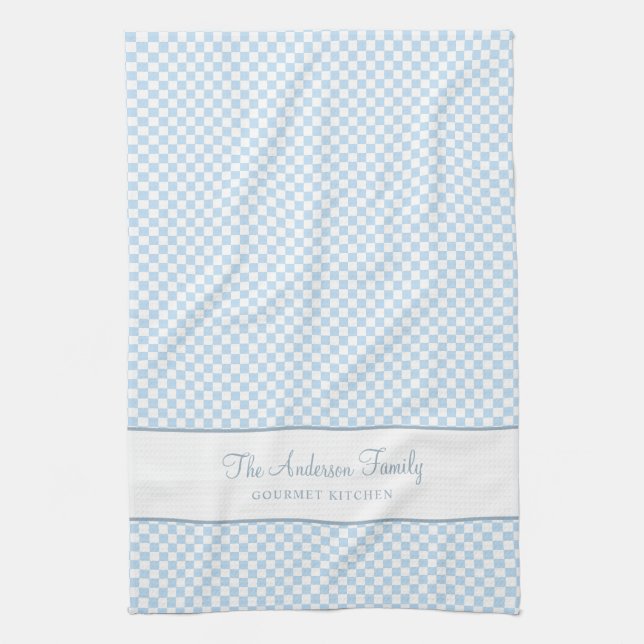 Chic Dusty Blue Fransk Play Check Land Gourmet Kökshandduk (Vertikal)