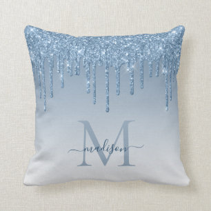 Chic Dusty Blue Glitter Drips Glam Monogram-skript Kudde