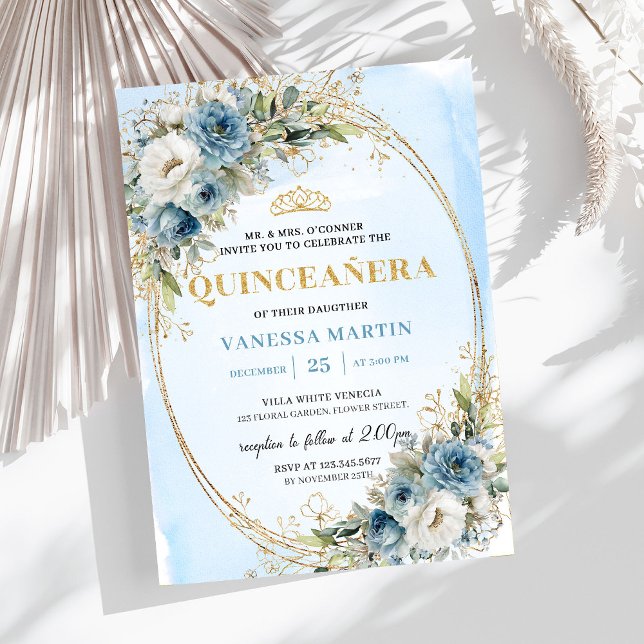 Chic Dusty Blue Gold Greenery 15-års födelsedagsin Inbjudningar (Chic Dusty Blue Gold Greenery 15th Birthday Invite)