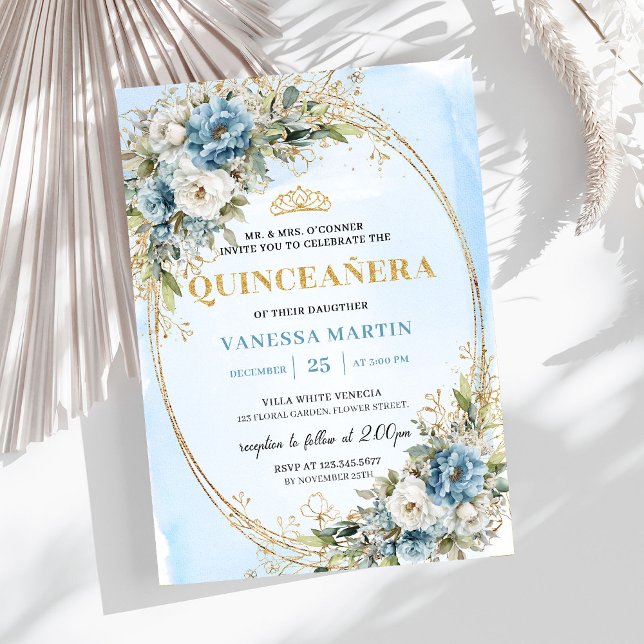 Chic Dusty Blue Gold Greenery Quinceañera Inbjudan (Chic Dusty Blue Gold Greenery Quinceañera Invitation

)