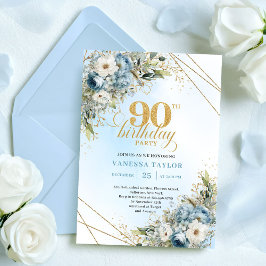 Chic Dusty Blue Gold Script 90th Birthday Invite Inbjudningar