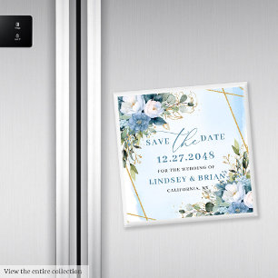 Chic Dusty Blue Guld Ram Floral Spara Datum Magnet