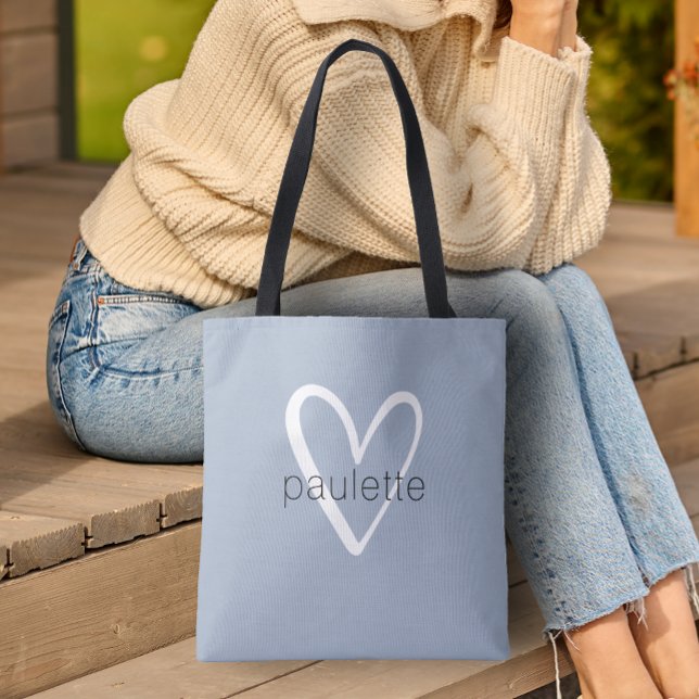 Chic Dusty Blue Heart Personlig Tygkasse (Heart Tote Bag by PartyInvitationShop.com)